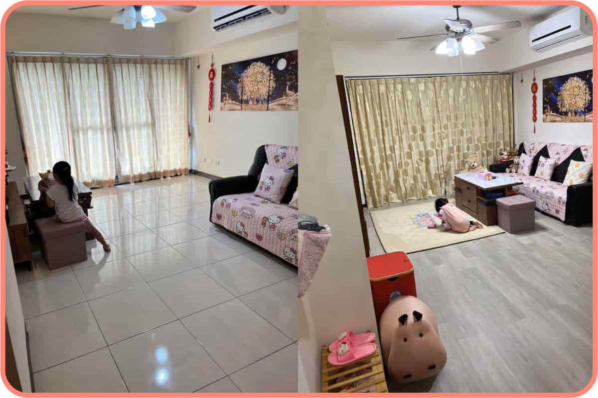 鋪了地板大大增加親子互動，更放心讓小孩在地面玩耍了！